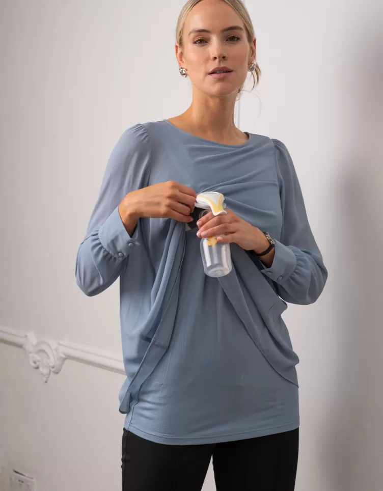 Seraphine Haut de grossesse et allaitement effet superposé bleu ardoise | < Vêtements d'allaitement | Hoodies et Tops