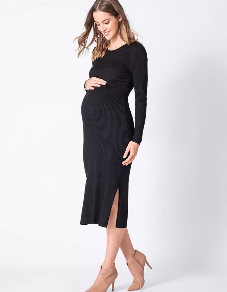 Seraphine Robe grossesse et allaitement en maille côtelée midi – Noir | < Robes | Robes