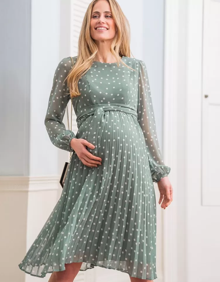 Seraphine Robe grossesse et allaitement en mousseline vert sauge à pois | < Vêtements d'allaitement | Robes