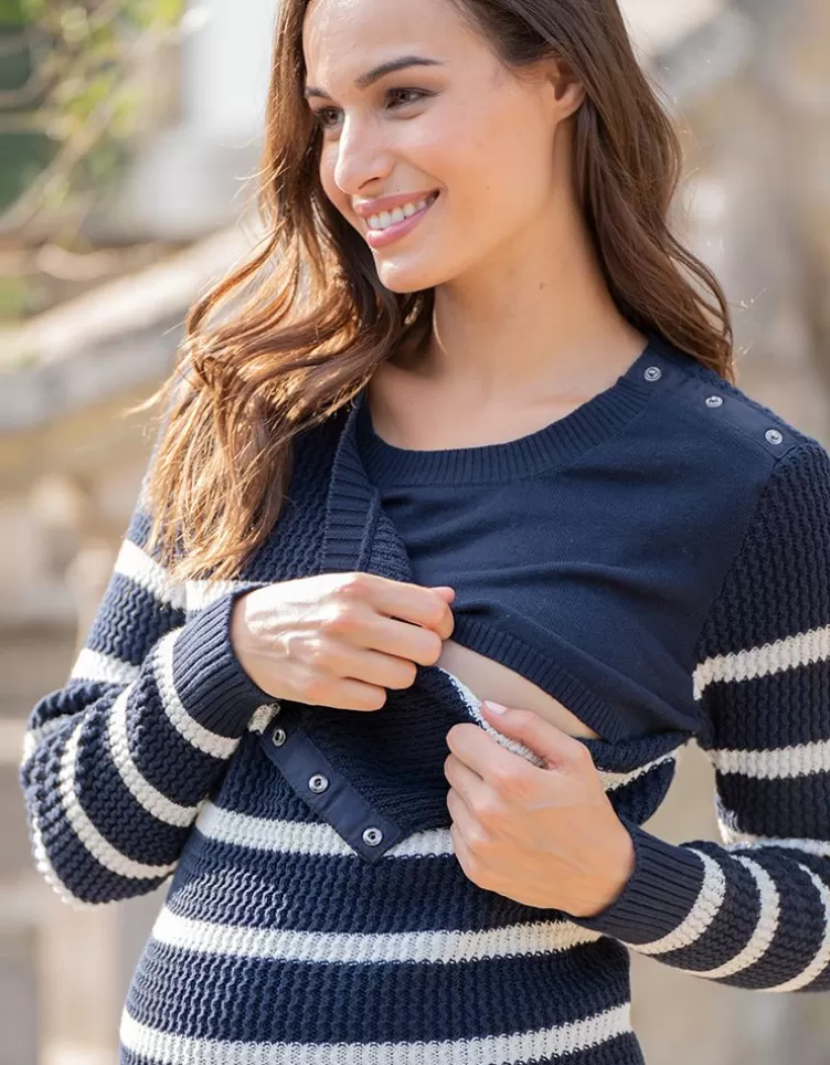 Seraphine Tunique grossesse et allaitement en maille à rayures – Bleu marine | < Hoodies et Tops | Pulls
